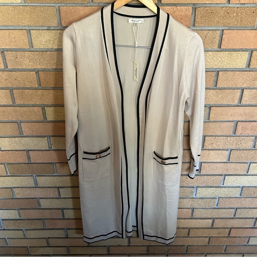 NWT Essentials Milano Long Cardigan Open Front Beige & Black Size Small